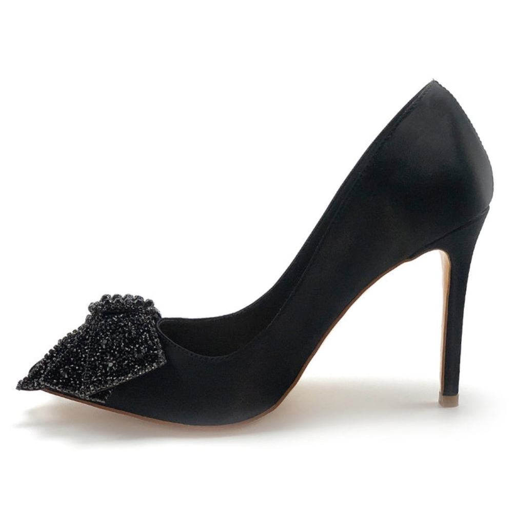 HOST PICK💥NIB WOMEN'S BLACK SATIN METALLIC BOW HIGH HEELS - Picture 4 of 9